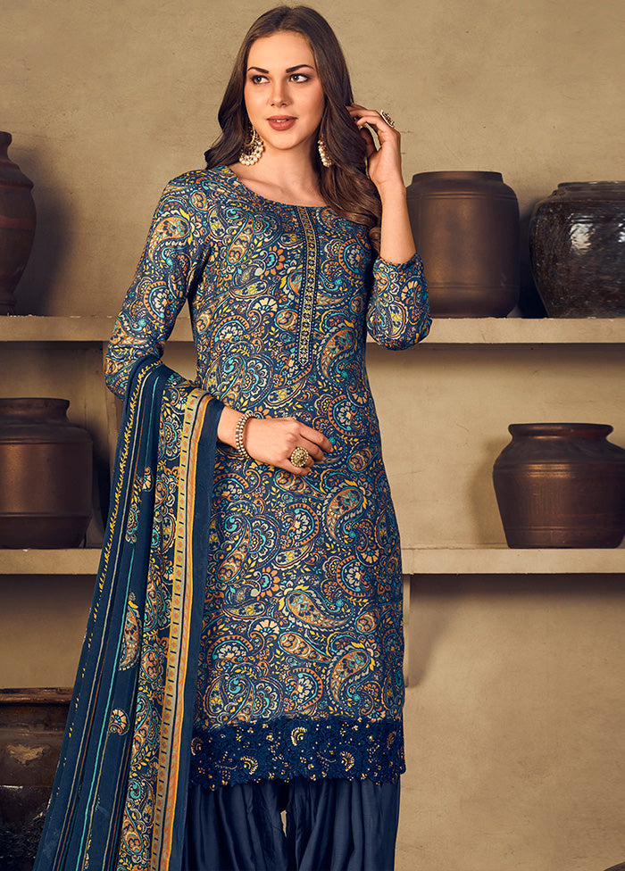3 Pc Navy Blue Unstitched Silk Suit Set With Dupatta VDSL1110250 - Indian Silk House Agencies