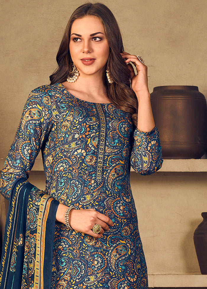 3 Pc Navy Blue Unstitched Silk Suit Set With Dupatta VDSL1110250 - Indian Silk House Agencies