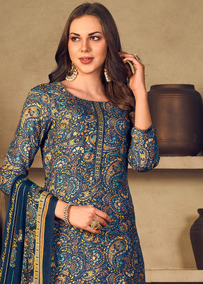 3 Pc Navy Blue Unstitched Silk Suit Set With Dupatta VDSL1110250 - Indian Silk House Agencies