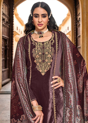 3 Pc Maroon Unstitched Velvet Suit Set With Dupatta VDSL1410222 - Indian Silk House Agencies