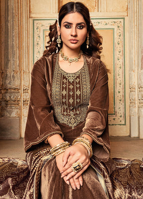 3 Pc Brown Unstitched Velvet Suit Set With Dupatta VDSL1410225 - Indian Silk House Agencies