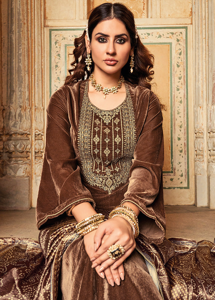 3 Pc Brown Unstitched Velvet Suit Set With Dupatta VDSL1410225 - Indian Silk House Agencies