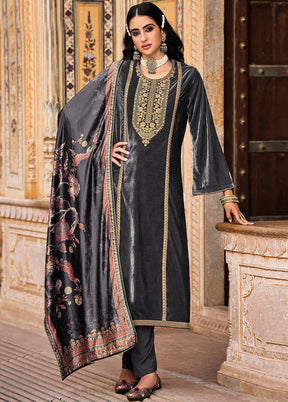 3 Pc Grey Unstitched Velvet Suit Set With Dupatta VDSL1410226 - Indian Silk House Agencies