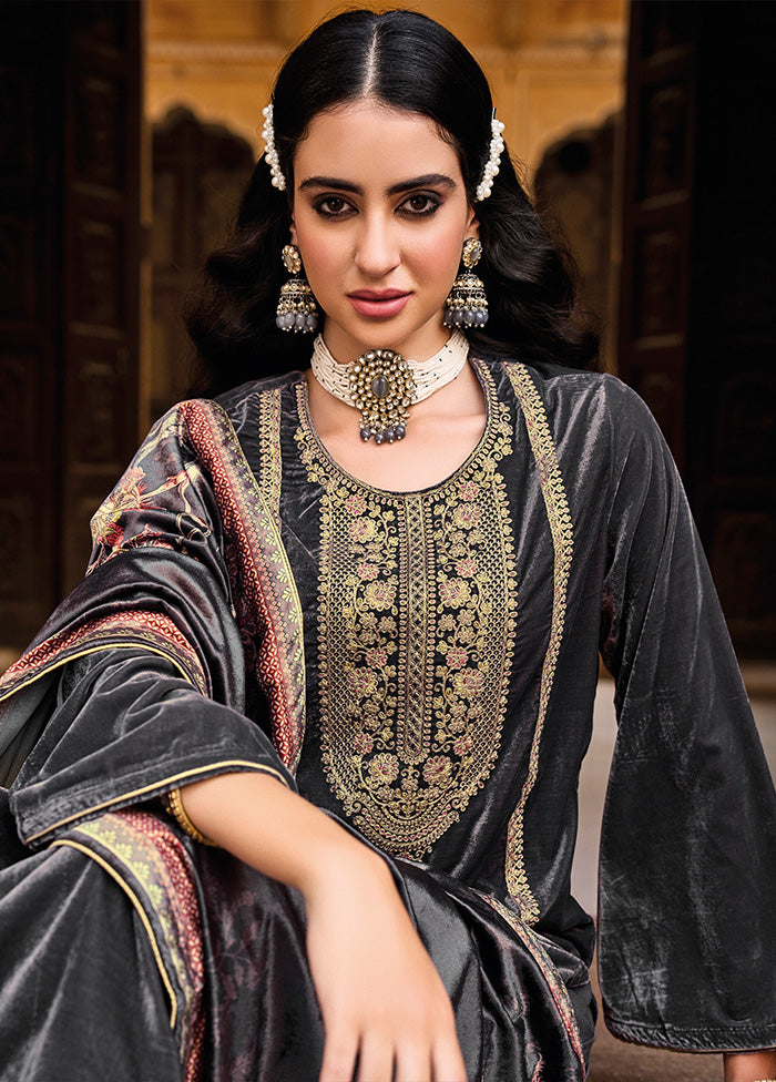3 Pc Grey Unstitched Velvet Suit Set With Dupatta VDSL1410226 - Indian Silk House Agencies