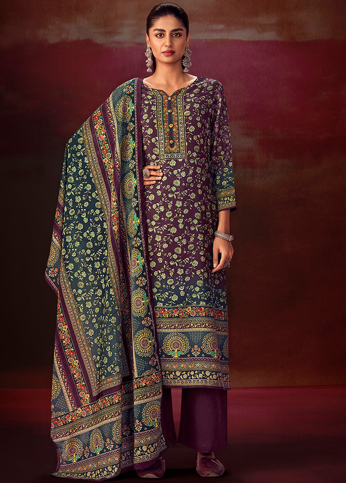 3 Pc Wine Unstitched Silk Suit Set With Dupatta VDSL1410242 - Indian Silk House Agencies
