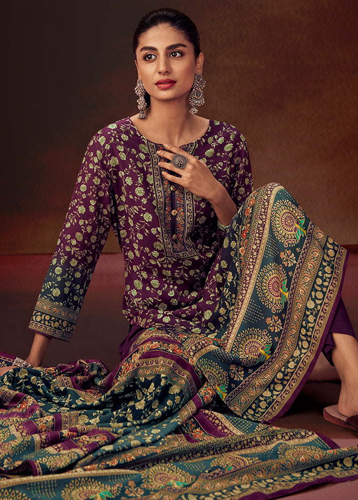 3 Pc Wine Unstitched Silk Suit Set With Dupatta VDSL1410242 - Indian Silk House Agencies
