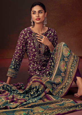 3 Pc Wine Unstitched Silk Suit Set With Dupatta VDSL1410242 - Indian Silk House Agencies