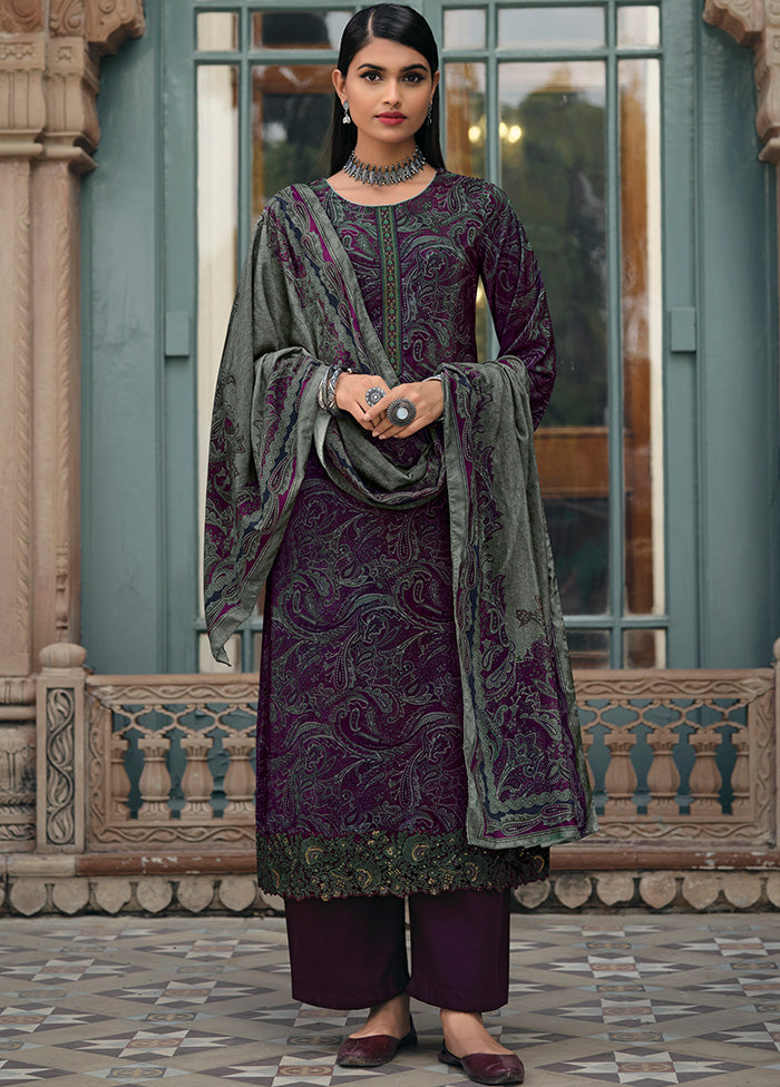 3 Pc Purple Unstitched Silk Suit Set With Dupatta VDSL1410237 - Indian Silk House Agencies