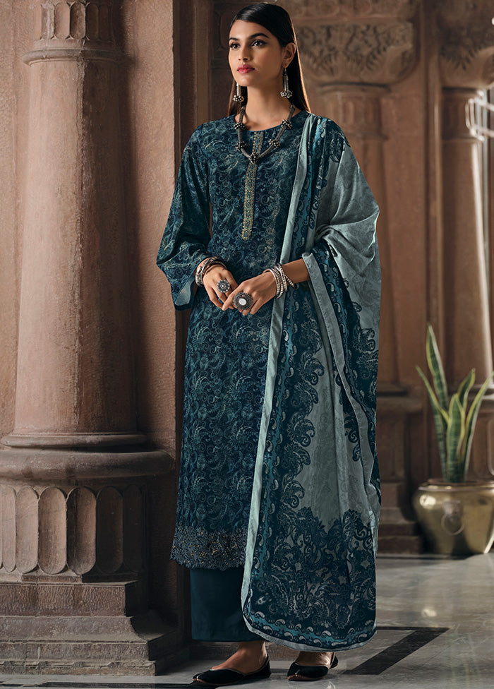 3 Pc Blue Unstitched Silk Suit Set With Dupatta VDSL1410238 - Indian Silk House Agencies