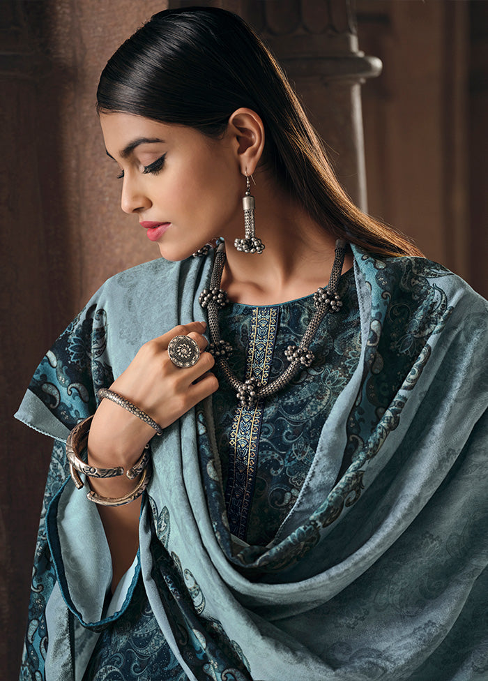 3 Pc Blue Unstitched Silk Suit Set With Dupatta VDSL1410238 - Indian Silk House Agencies