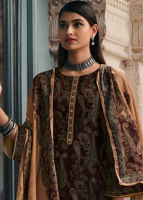 3 Pc Brown Unstitched Silk Suit Set With Dupatta VDSL1410239 - Indian Silk House Agencies