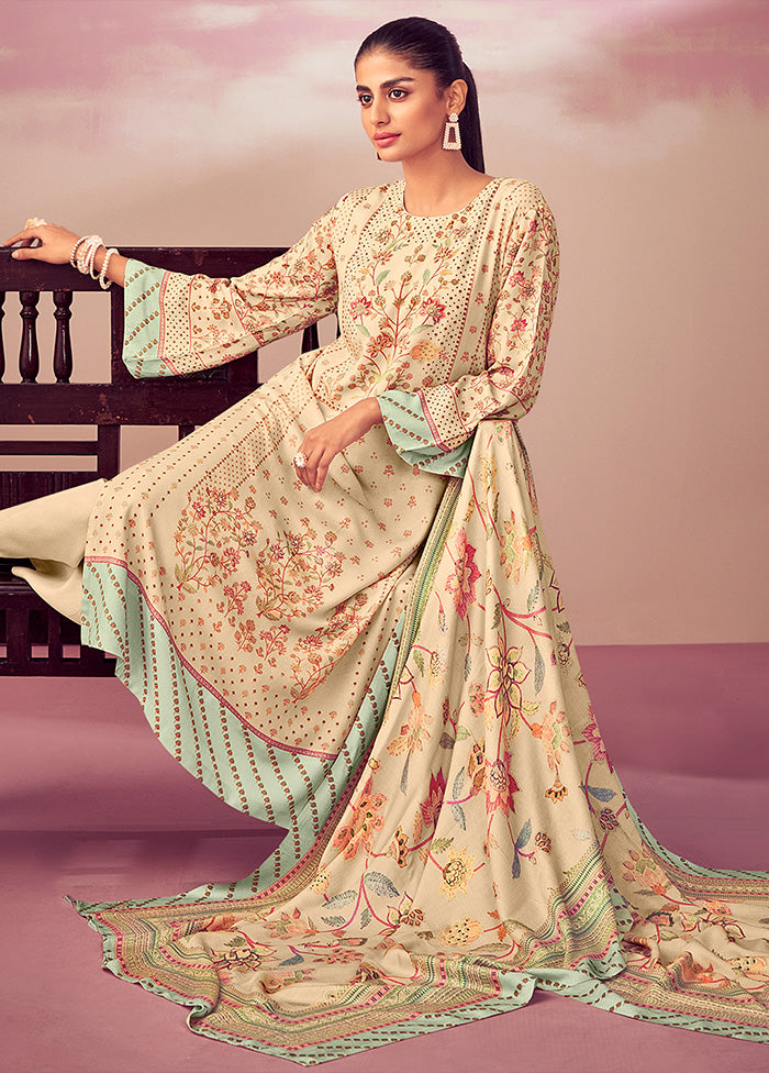 3 Pc Beige Unstitched Silk Suit Set With Dupatta VDSL1410227 - Indian Silk House Agencies