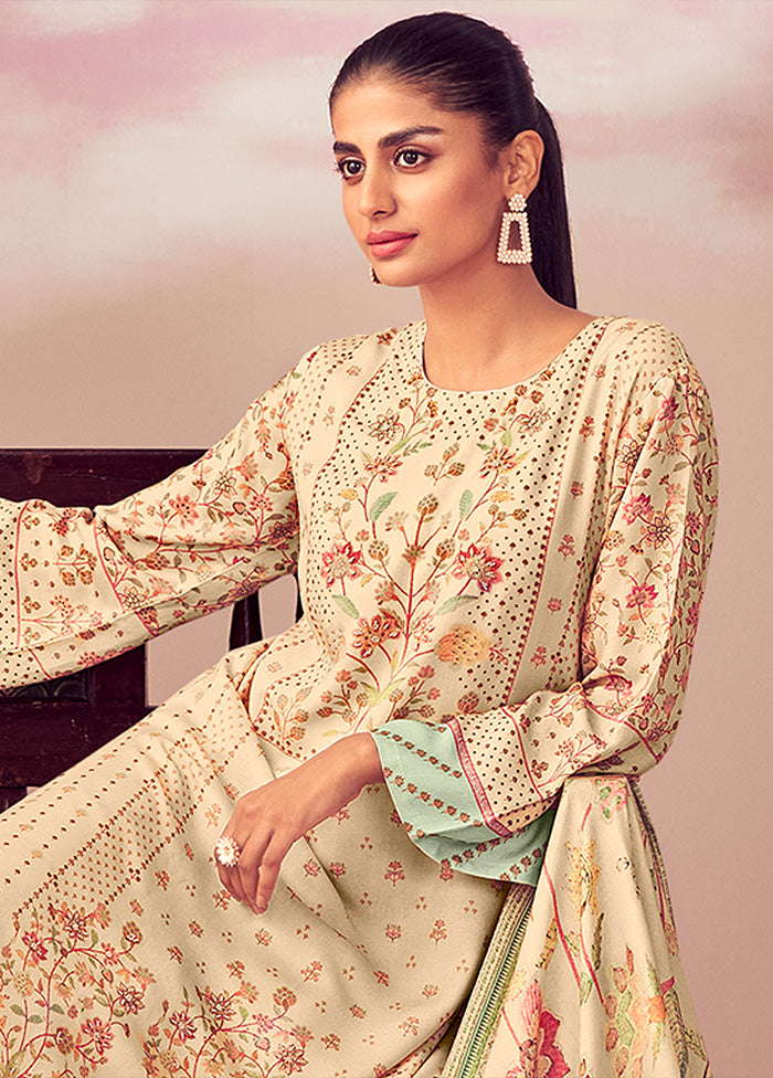 3 Pc Beige Unstitched Silk Suit Set With Dupatta VDSL1410227 - Indian Silk House Agencies