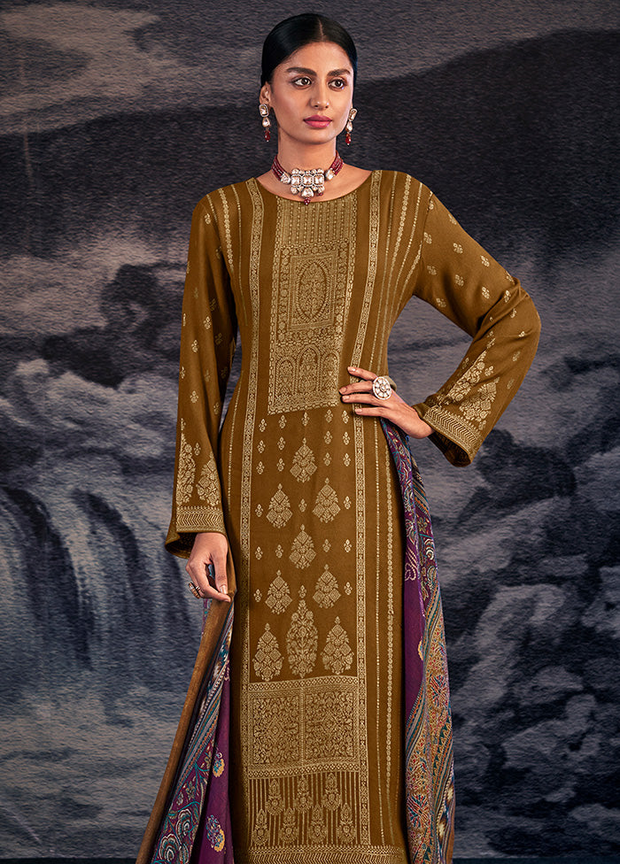 3 Pc Gold Unstitched Silk Suit Set With Dupatta VDSL1410248 - Indian Silk House Agencies