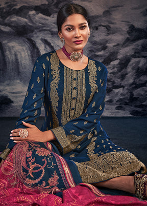 3 Pc Navy Blue Unstitched Silk Suit Set With Dupatta VDSL1410249 - Indian Silk House Agencies