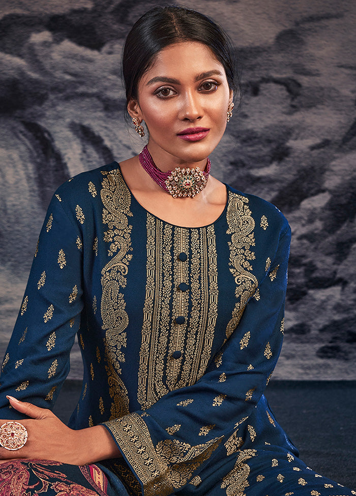3 Pc Navy Blue Unstitched Silk Suit Set With Dupatta VDSL1410249 - Indian Silk House Agencies
