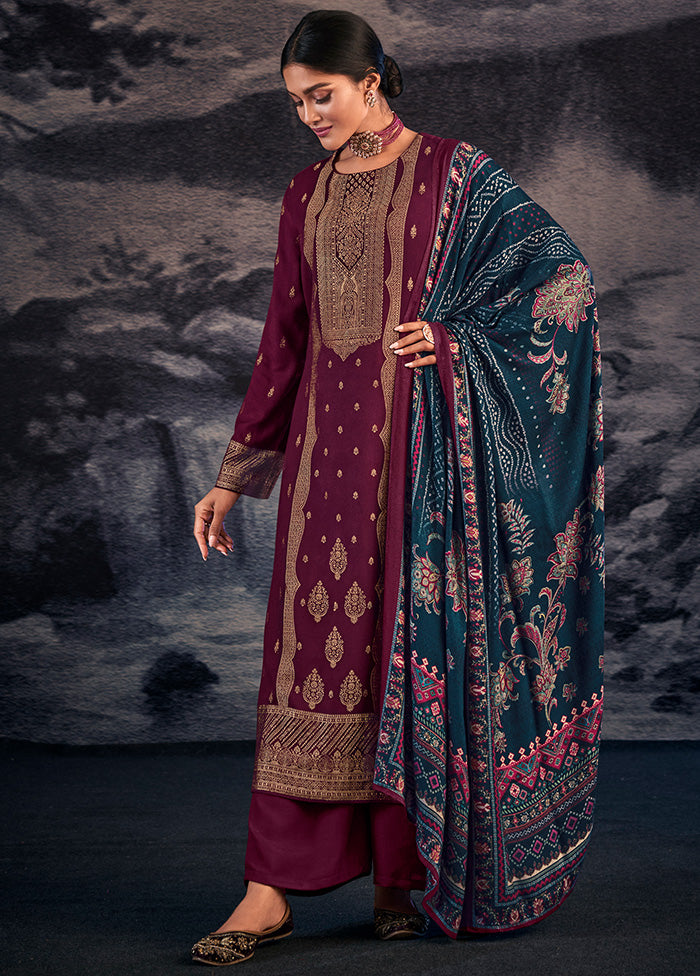 3 Pc Wine Unstitched Silk Suit Set With Dupatta VDSL1410250 - Indian Silk House Agencies