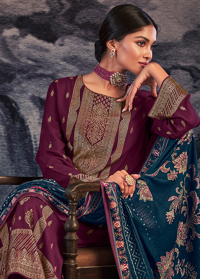 3 Pc Wine Unstitched Silk Suit Set With Dupatta VDSL1410250 - Indian Silk House Agencies