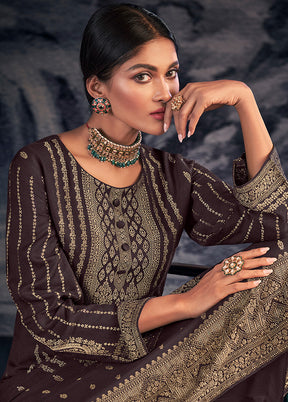 3 Pc Brown Unstitched Silk Suit Set With Dupatta VDSL1410251 - Indian Silk House Agencies