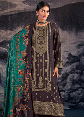 3 Pc Brown Unstitched Silk Suit Set With Dupatta VDSL1410251 - Indian Silk House Agencies