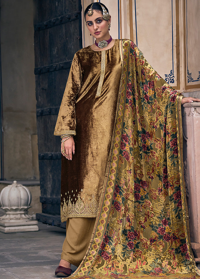 3 Pc Gold Unstitched Velvet Suit Set With Dupatta VDSL1410256 - Indian Silk House Agencies