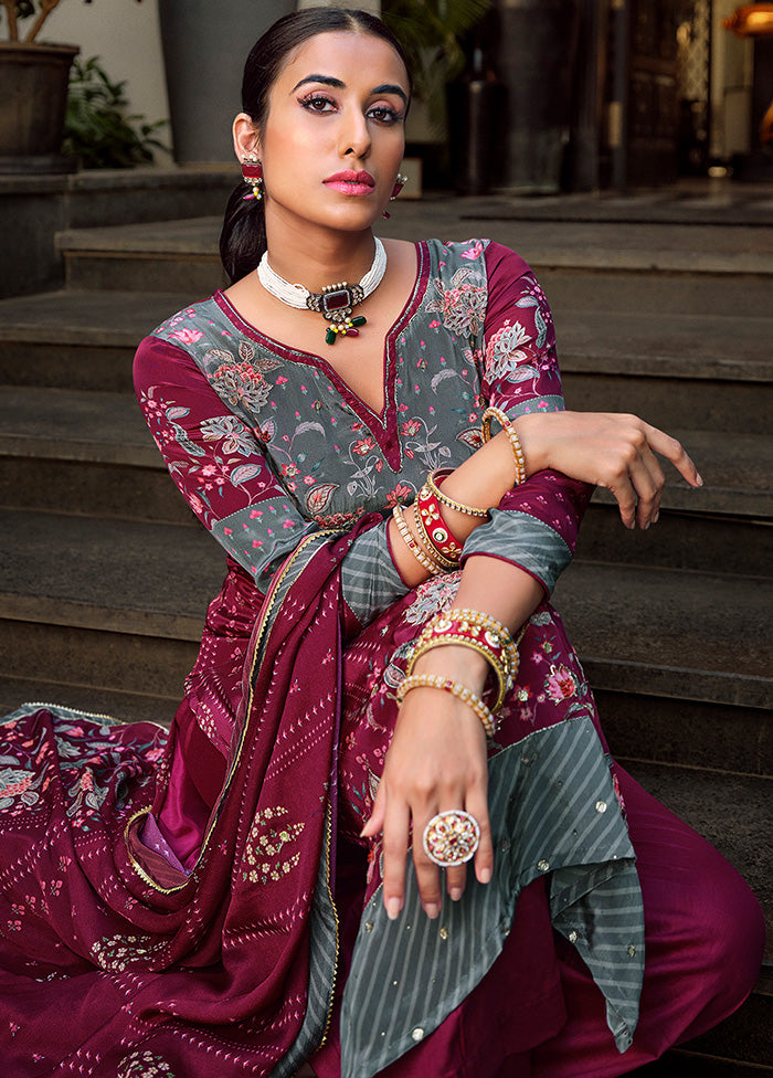 3 Pc Magenta Unstitched Suit Set With Dupatta VDSL2510223 - Indian Silk House Agencies