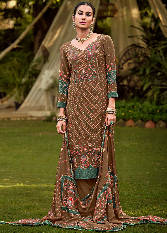 3 Pc Brown Unstitched Suit Set With Dupatta VDSL2510224 - Indian Silk House Agencies