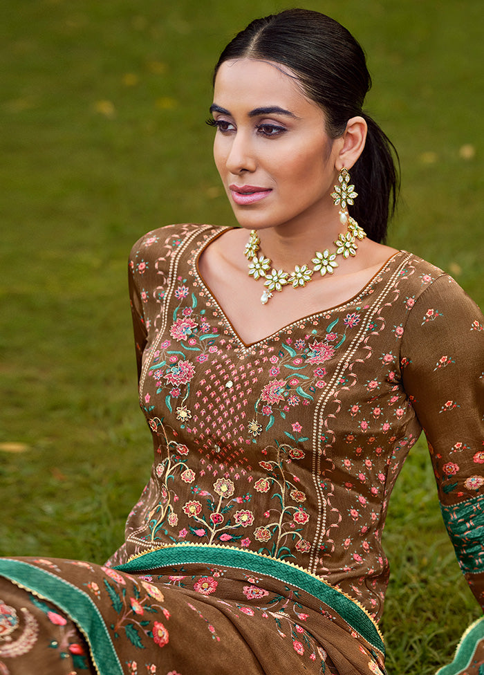 3 Pc Brown Unstitched Suit Set With Dupatta VDSL2510224 - Indian Silk House Agencies