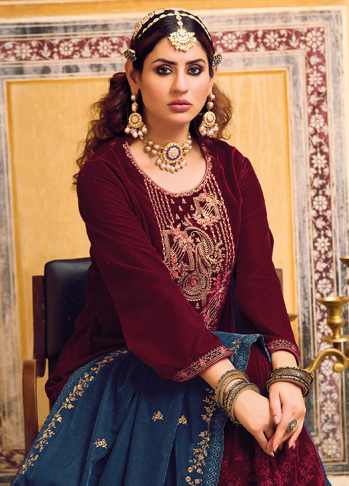 3 Pc Maroon Unstitched Velvet Suit Set VDSL1111221 - Indian Silk House Agencies