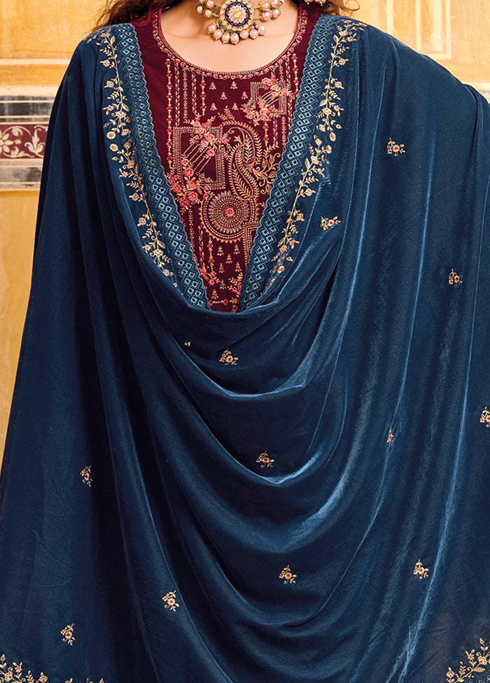 3 Pc Maroon Unstitched Velvet Suit Set VDSL1111221 - Indian Silk House Agencies
