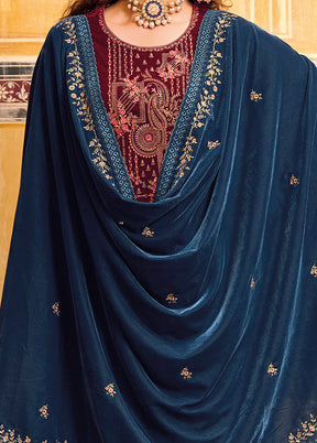 3 Pc Maroon Unstitched Velvet Suit Set VDSL1111221 - Indian Silk House Agencies