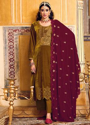3 Pc Gold Unstitched Velvet Suit Set VDSL1111222 - Indian Silk House Agencies