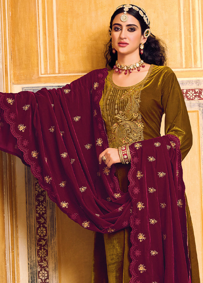 3 Pc Gold Unstitched Velvet Suit Set VDSL1111222 - Indian Silk House Agencies