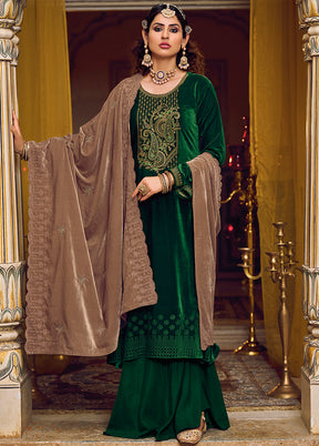 3 Pc Green Unstitched Velvet Suit Set VDSL1111223 - Indian Silk House Agencies