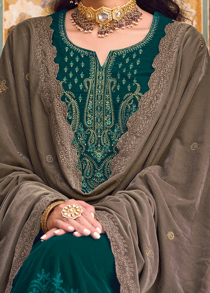 3 Pc Green Unstitched Velvet Suit Set VDSL1111224 - Indian Silk House Agencies
