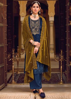 3 Pc Navy Blue Unstitched Velvet Suit Set VDSL1111226 - Indian Silk House Agencies