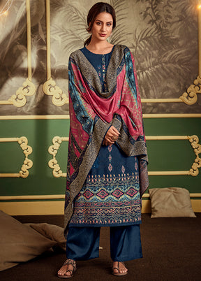 3 Pc Navy Blue Unstitched Silk Suit Set VDSL1111227 - Indian Silk House Agencies