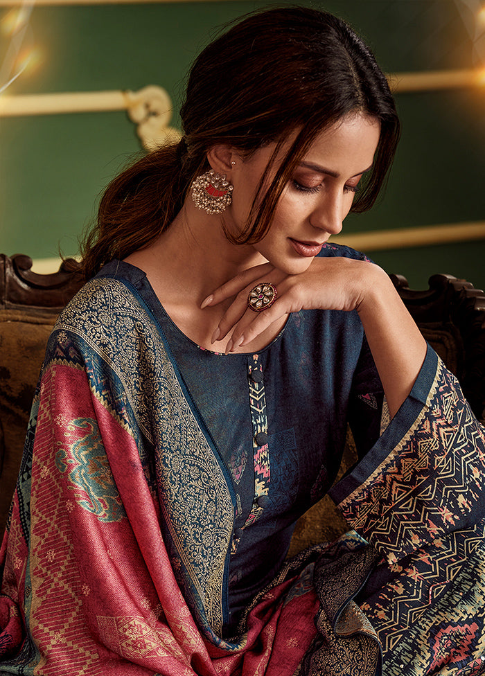 3 Pc Navy Blue Unstitched Silk Suit Set VDSL1111227 - Indian Silk House Agencies