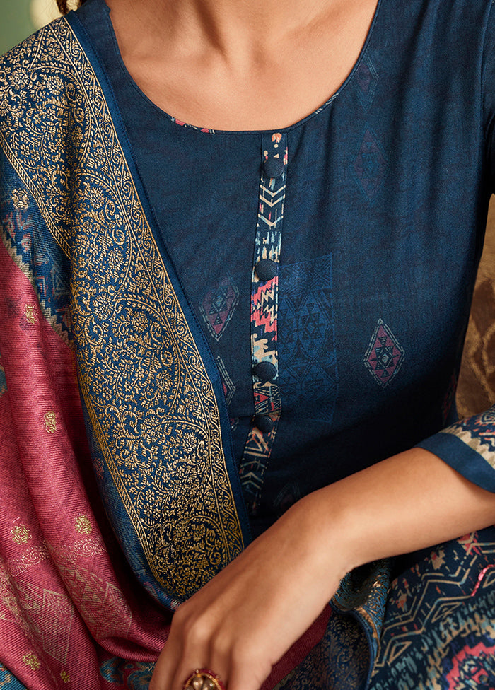 3 Pc Navy Blue Unstitched Silk Suit Set VDSL1111227 - Indian Silk House Agencies
