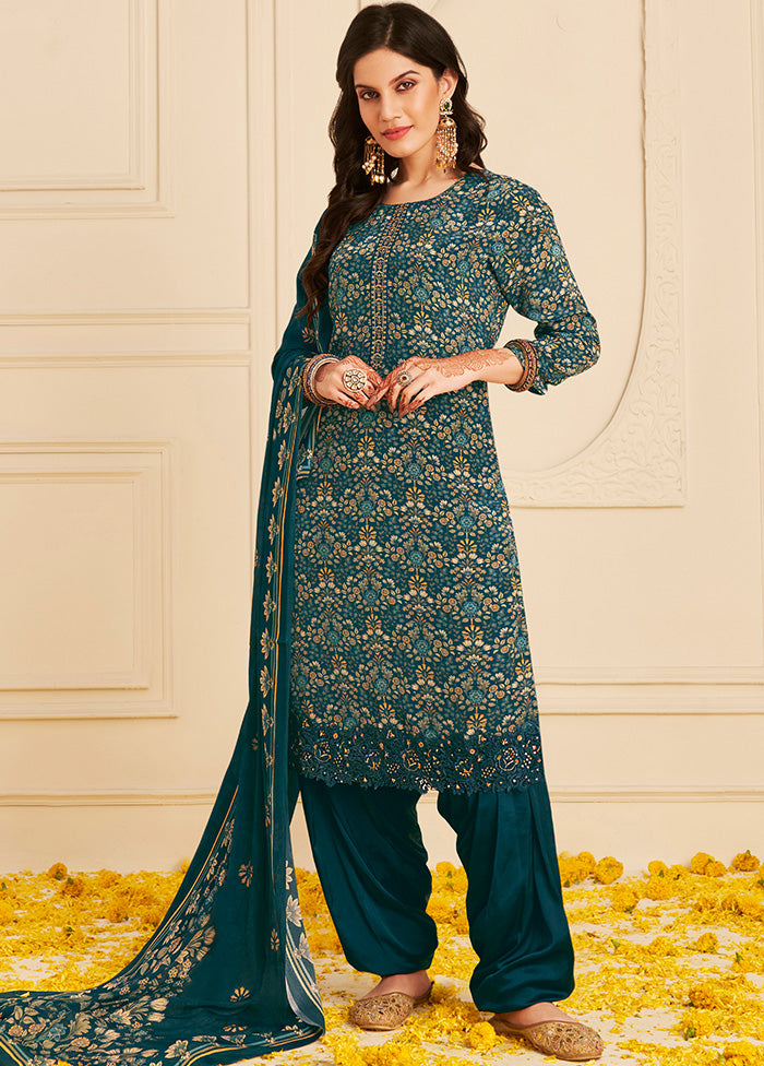 3 Pc Navy Blue Unstitched Crepe Suit Set With Dupatta VDSL2811223 - Indian Silk House Agencies