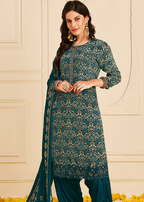 3 Pc Navy Blue Unstitched Crepe Suit Set With Dupatta VDSL2811223 - Indian Silk House Agencies