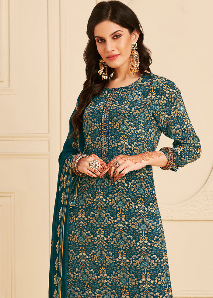 3 Pc Navy Blue Unstitched Crepe Suit Set With Dupatta VDSL2811223 - Indian Silk House Agencies