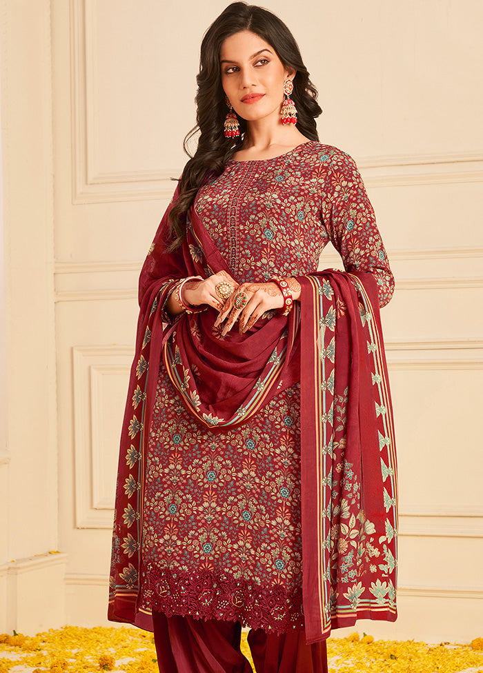 3 Pc Maroon Unstitched Crepe Suit Set With Dupatta VDSL2811226 - Indian Silk House Agencies