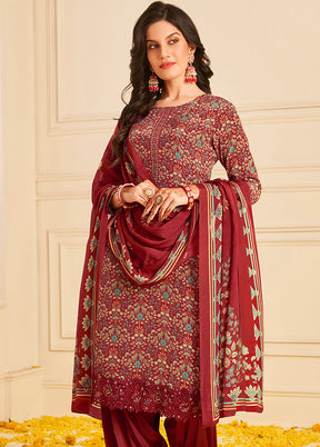 3 Pc Maroon Unstitched Crepe Suit Set With Dupatta VDSL2811226 - Indian Silk House Agencies