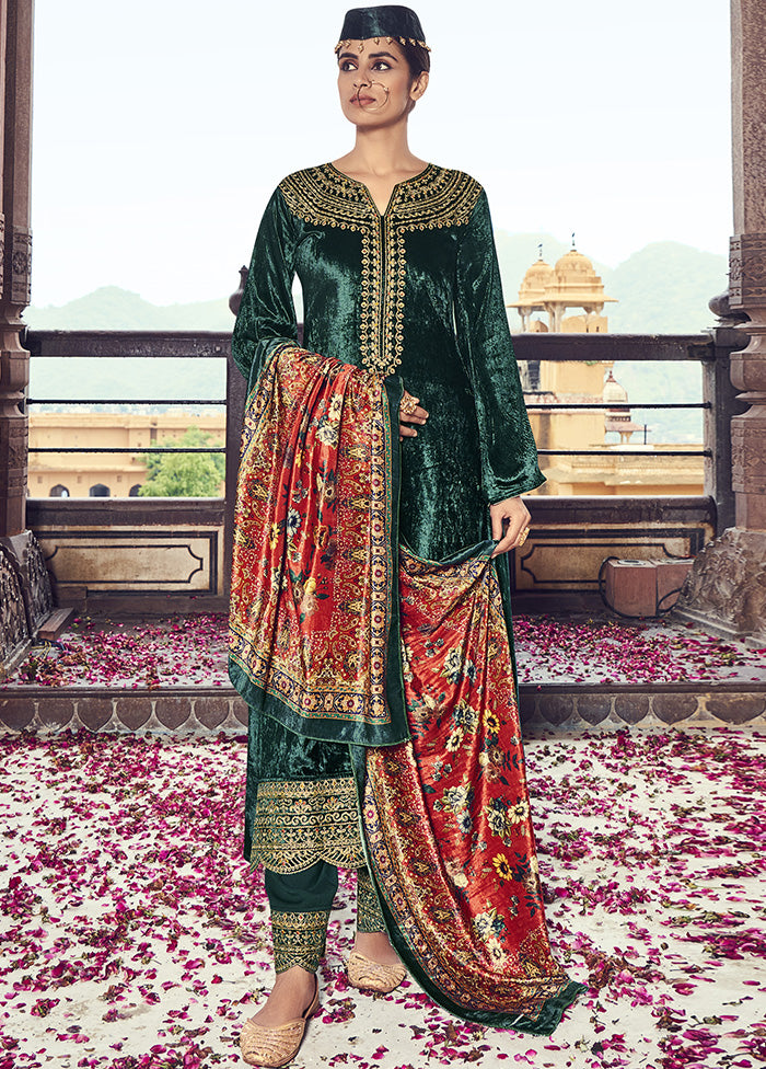 3 Pc Green Unstitched Velvet Suit Set With Dupatta VDSL2811227 - Indian Silk House Agencies
