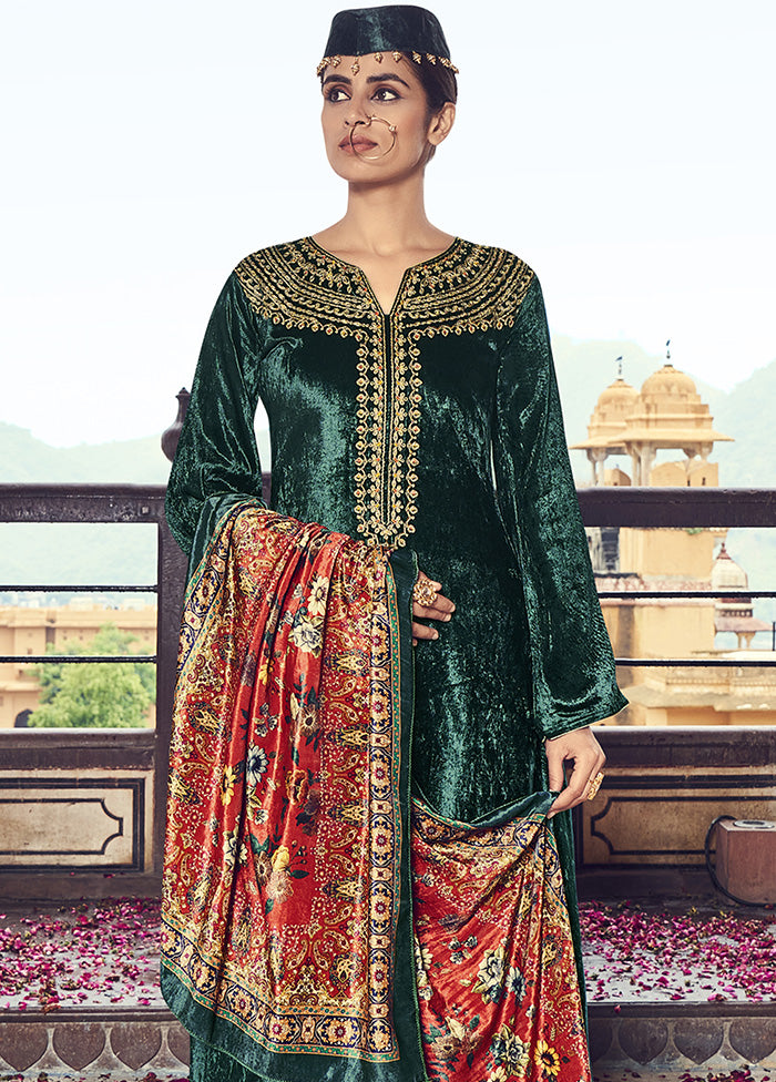 3 Pc Green Unstitched Velvet Suit Set With Dupatta VDSL2811227 - Indian Silk House Agencies