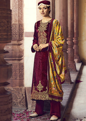 3 Pc Maroon Unstitched Velvet Suit Set With Dupatta VDSL2811228 - Indian Silk House Agencies