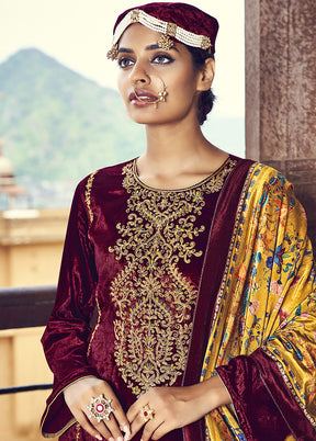 3 Pc Maroon Unstitched Velvet Suit Set With Dupatta VDSL2811228 - Indian Silk House Agencies