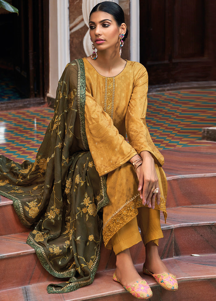 3 Pc Gold Unstitched Silk Suit Set With Dupatta VDSL2811238 - Indian Silk House Agencies