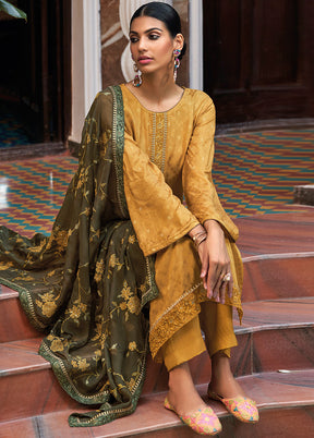 3 Pc Gold Unstitched Silk Suit Set With Dupatta VDSL2811238 - Indian Silk House Agencies